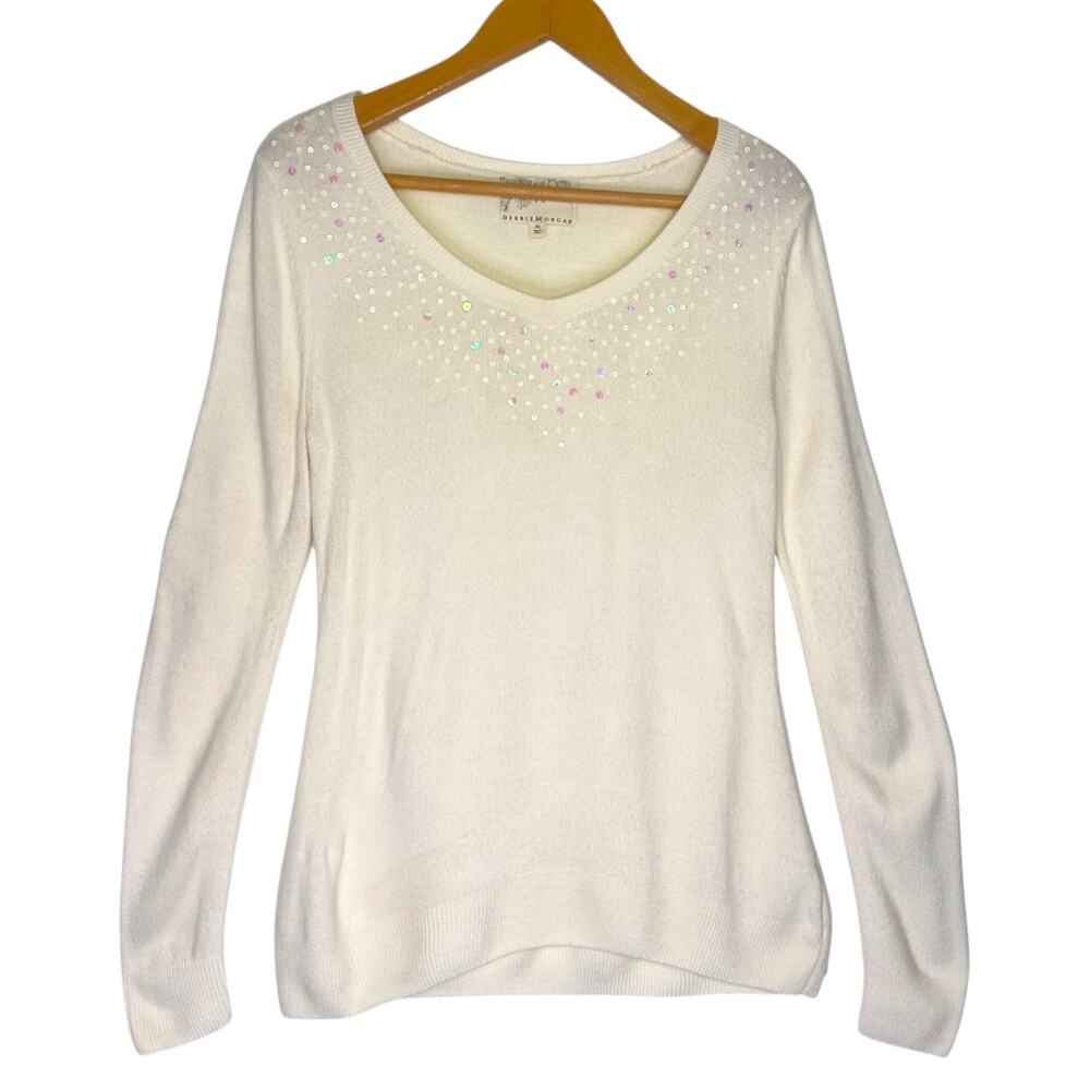 Debbie Morgan Women's Sequin V-Neck Sweater Size M Cream Winter Long Sleeve
